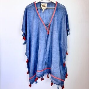 Z&L Beach Cover Up One Size Blue with Bright Pink Accents and Tassels